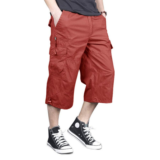 Men's Capri Long Elastic Cargo Shorts Below Knee Shorts 3/4 Cotton Cargo Casual Shorts