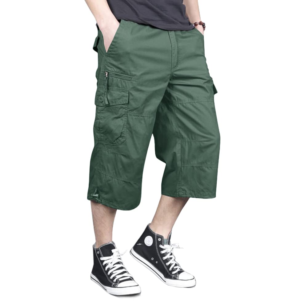 Men's Capri Long Elastic Cargo Shorts Below Knee Shorts 3/4 Cotton Cargo Casual Shorts