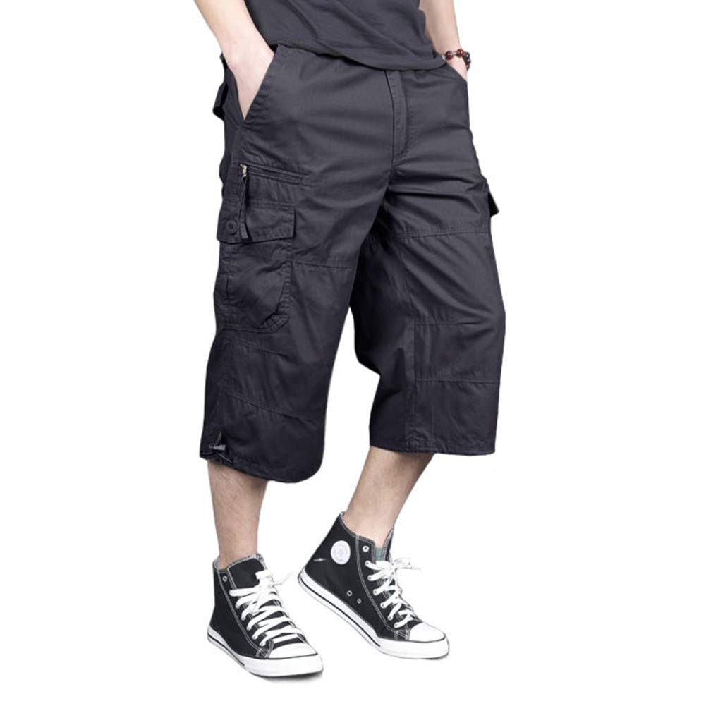 Men's Capri Long Elastic Cargo Shorts Below Knee Shorts 3/4 Cotton Cargo Casual Shorts